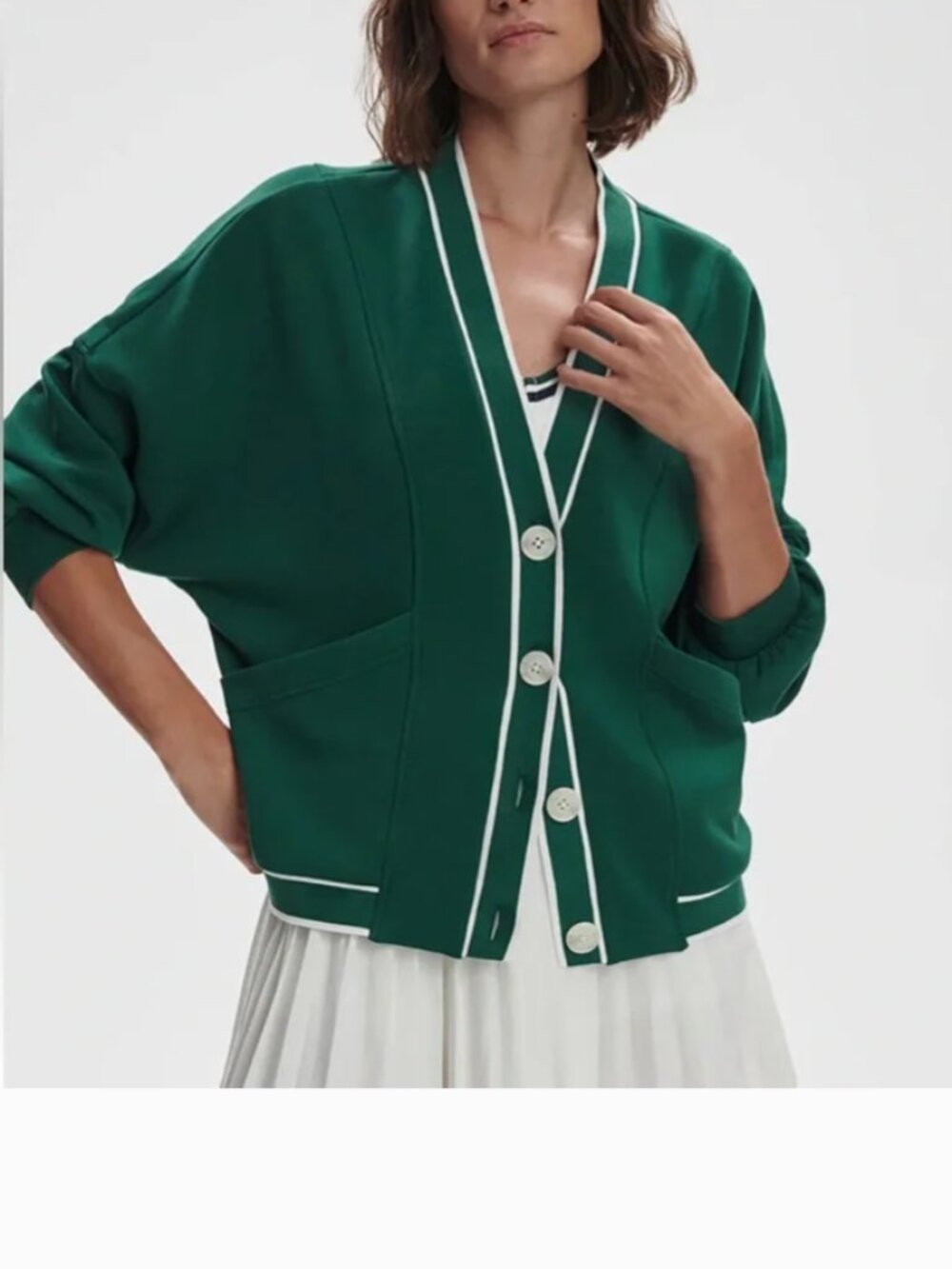 Varley Decker Off Court Green Cardigan with White Trim DoubleSoft Size XL